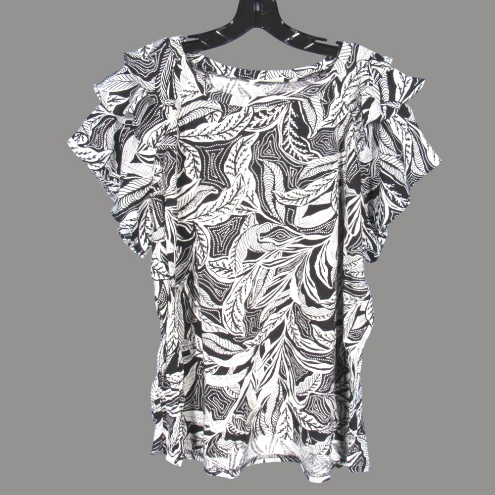 SUNNY LEIGH Soft SLUB KNIT Black/White FLORAL PRINT Chiffon Ruffle BLOUSE/TOP 1X